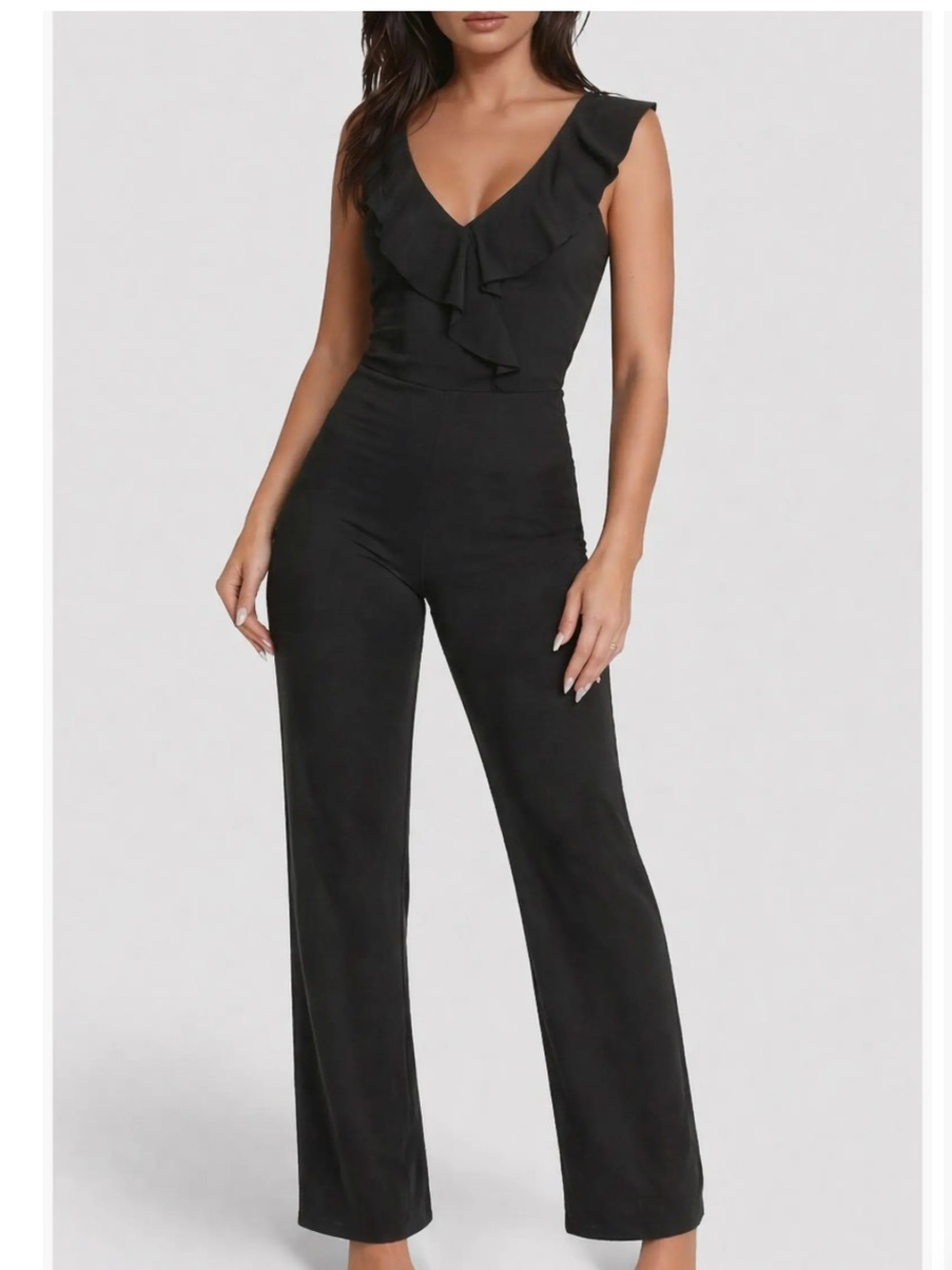 Bebe Black Ruffle V-Neck Wide Leg Jumpsuit – Size Small